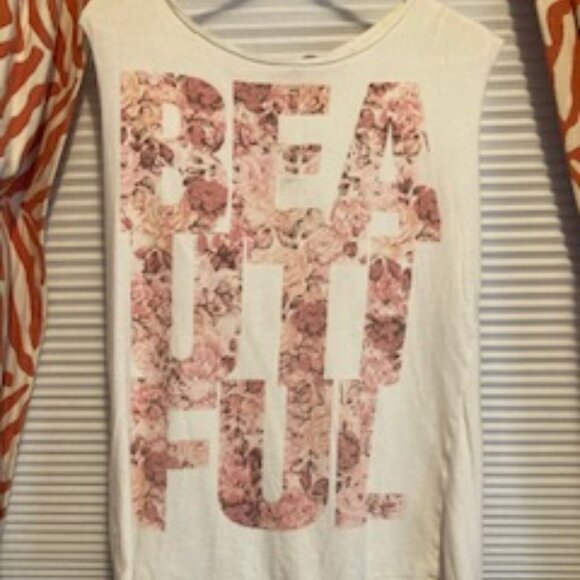 "Beautiful" written in floral letters on a white XL Muscle tee,  100% Cotton - Picture 1 of 8